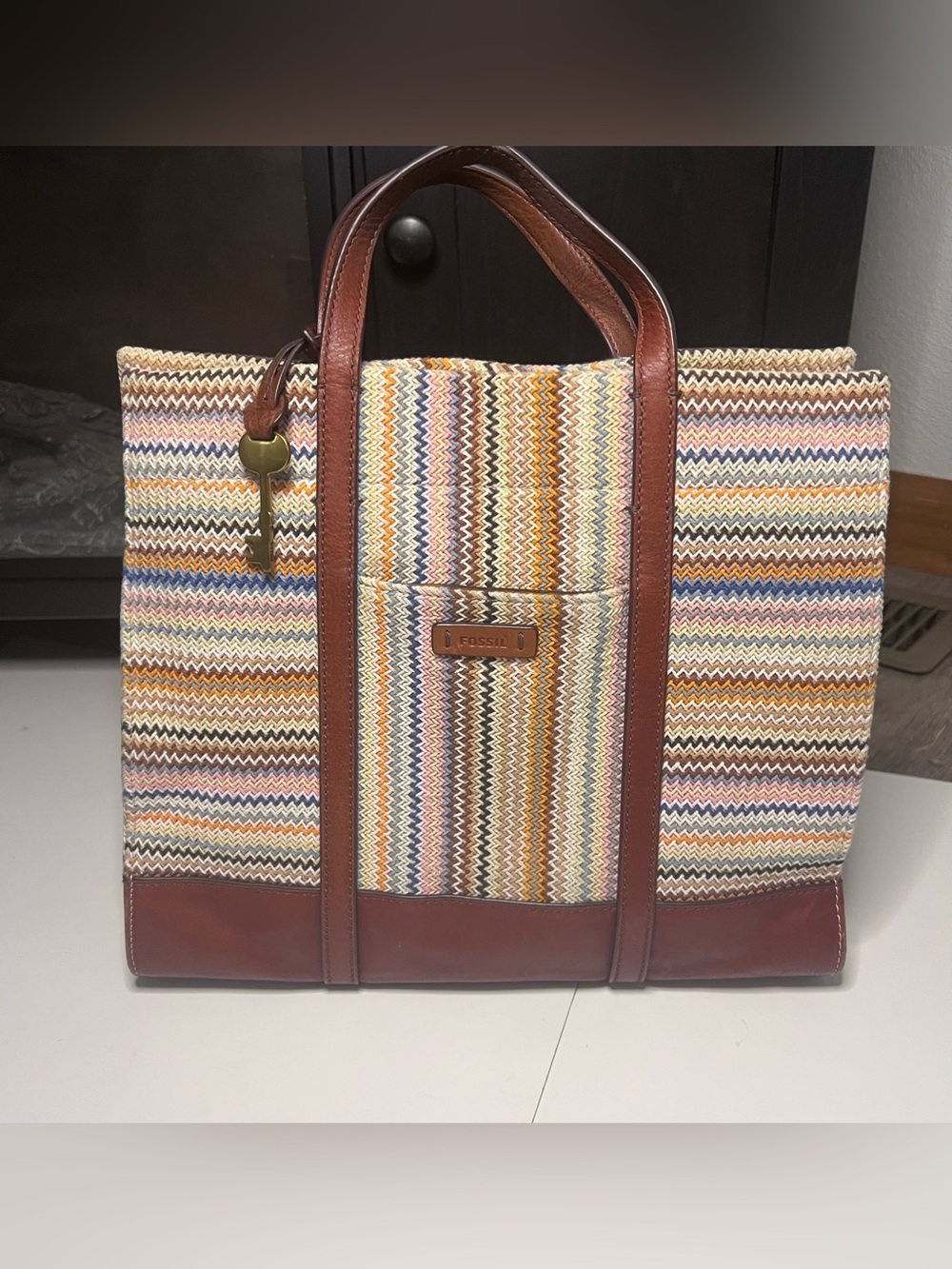 Fossil Multicolor Chevron Tote with Brown Leather Handles